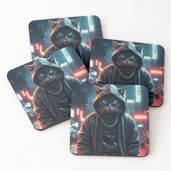 Item preview, Cyberpunk Gangster Cat in Hoodie – Neon Night City Art designed and sold by Articooler.