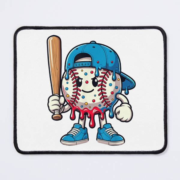 Item preview, Grumpy Baseball Cartoon Character Wearing Blue Cap Holding Wooden Sports Bat designed and sold by River Silva.