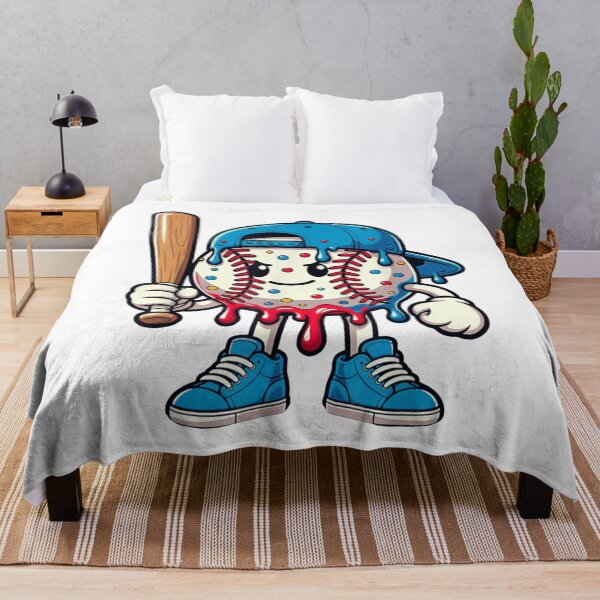 Item preview, Grumpy Baseball Cartoon Character Wearing Blue Cap Holding Wooden Sports Bat designed and sold by River Silva.