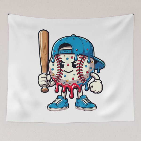 Item preview, Grumpy Baseball Cartoon Character Wearing Blue Cap Holding Wooden Sports Bat designed and sold by River Silva.