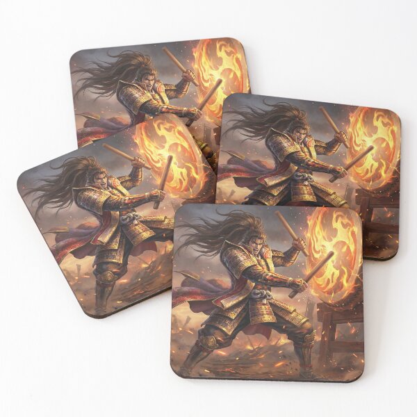 Item preview, Maeda Keiji – Flaming War Drum Hero | Samurai Firestorm Fantasy Art | Mori no Akari Series designed and sold by Mori-no-Akari.