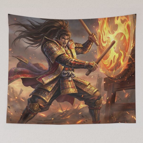 Item preview, Maeda Keiji – Flaming War Drum Hero | Samurai Firestorm Fantasy Art | Mori no Akari Series designed and sold by Mori-no-Akari.