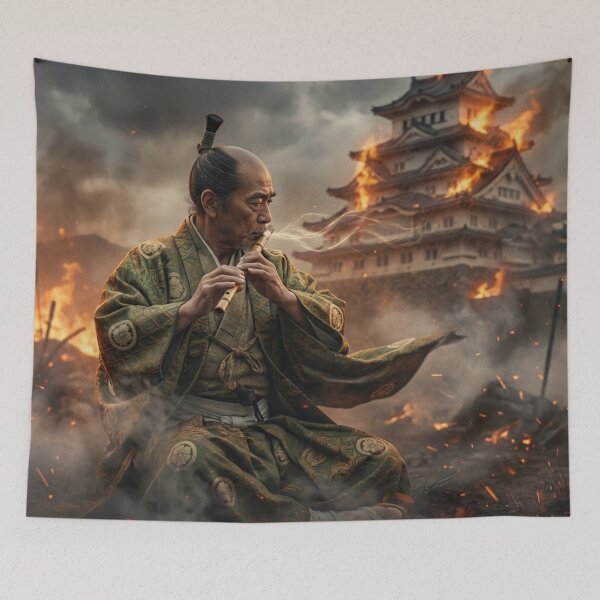 Item preview, Tokugawa Ieyasu – Flames of Calm | Samurai Shakuhachi Amid Burning Castle | Mori no Akari Series designed and sold by Mori-no-Akari.