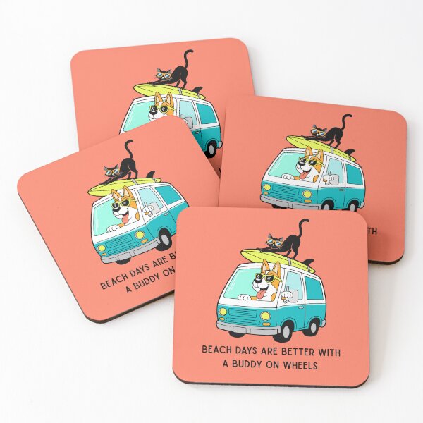 Item preview, Beach Days Are Better with a Buddy on Wheels – Dog & Cat Surf Van Illustration designed and sold by TheBeeKindSpace.