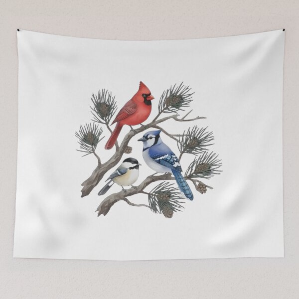 Item preview, Watercolor Woodland Birds – Cardinal Blue Jay and Chickadee Illustration designed and sold by YYoYY.