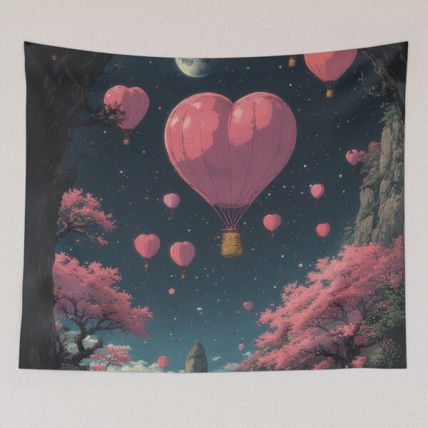 Item preview, Heart-shaped balloons over a pink cherry blossom valley designed and sold by Mianku | Für das Leben.