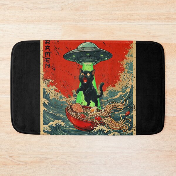 Item preview, Alien UFO Abducting Black Cat With Ramen Bowl Retro Art designed and sold by TiaraHans.