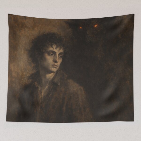 Item preview, Man & Horned Shadow Presence – Dark Psychological Oil Portrait designed and sold by Visualynx.