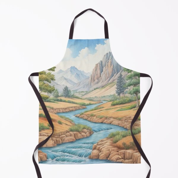 Item preview, Serene Nature: Artistic Illustration of a River Flowing Through a Valley with Mountains and Golden Meadows designed and sold by karina360.