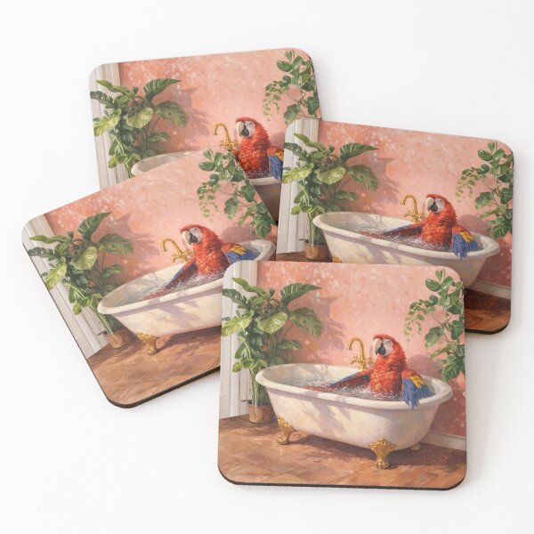 Item preview, Vibrant Macaw Bubble Bath Painting – Colorful Parrot in Vintage Clawfoot Tub, Tropical Pink Bathroom Wall Art designed and sold by digitalbitcraft.