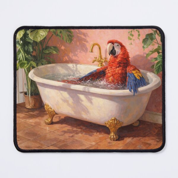 Item preview, Vibrant Macaw Bubble Bath Painting – Colorful Parrot in Vintage Clawfoot Tub, Tropical Pink Bathroom Wall Art designed and sold by digitalbitcraft.