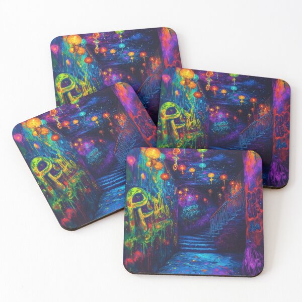 Item preview, Neon-lit tunnel with graffiti and stairs designed and sold by Mianku | Für das Leben.