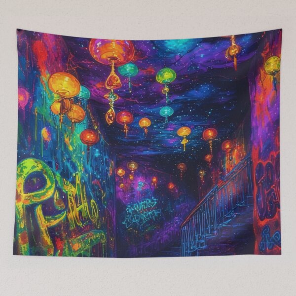 Item preview, Neon-lit tunnel with graffiti and stairs designed and sold by Mianku | Für das Leben.