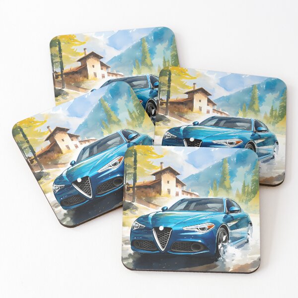 Item preview, Blue sports sedan splashing through alpine village lane designed and sold by RevUpDesign.