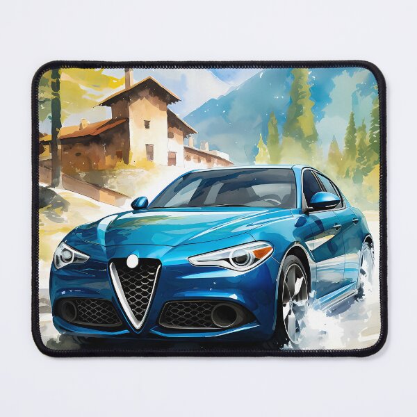 Item preview, Blue sports sedan splashing through alpine village lane designed and sold by RevUpDesign.