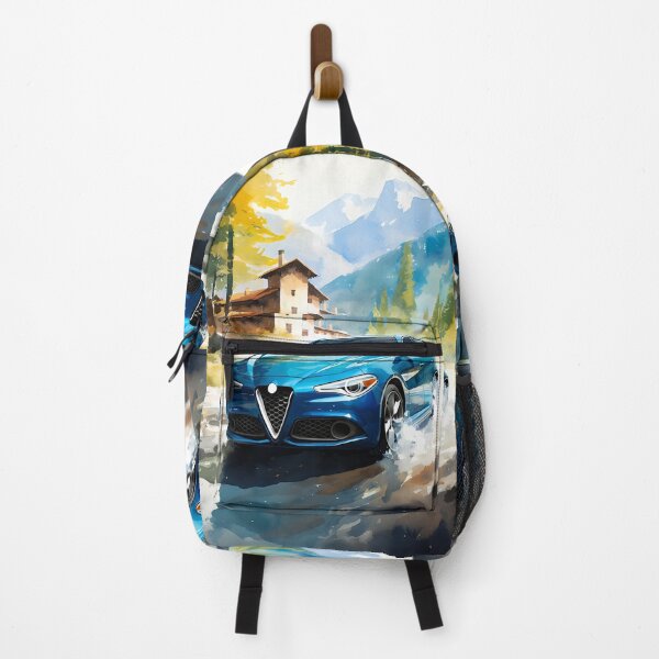 Item preview, Blue sports sedan splashing through alpine village lane designed and sold by RevUpDesign.