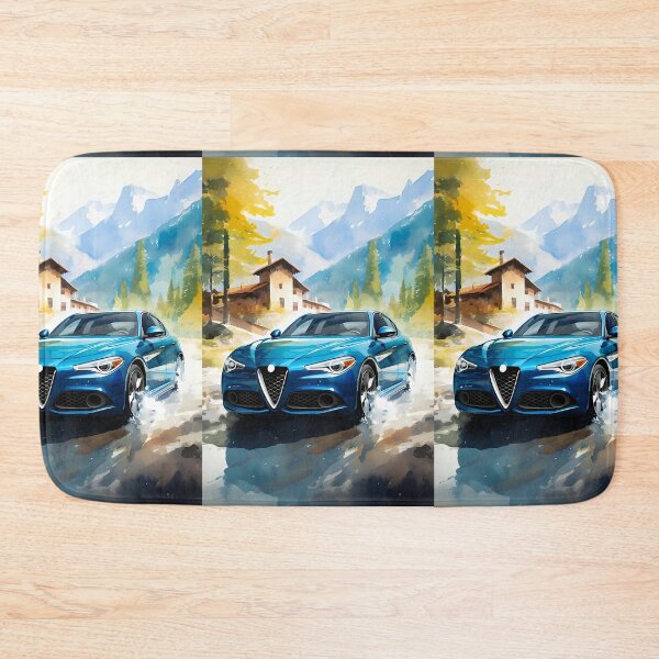 Item preview, Blue sports sedan splashing through alpine village lane designed and sold by RevUpDesign.