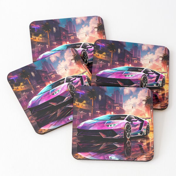 Item preview, Purple neon supercar cruising through rainy cyberpunk boulevard designed and sold by RevUpDesign.