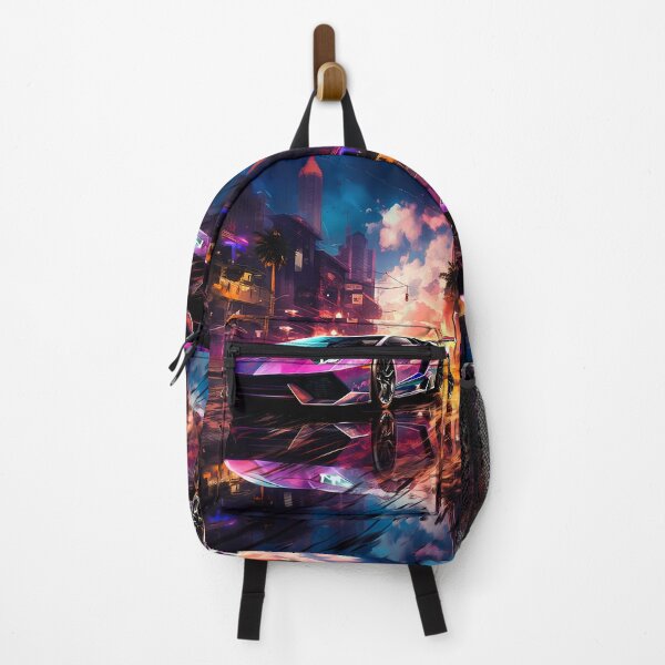 Item preview, Purple neon supercar cruising through rainy cyberpunk boulevard designed and sold by RevUpDesign.