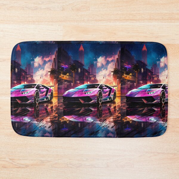 Item preview, Purple neon supercar cruising through rainy cyberpunk boulevard designed and sold by RevUpDesign.
