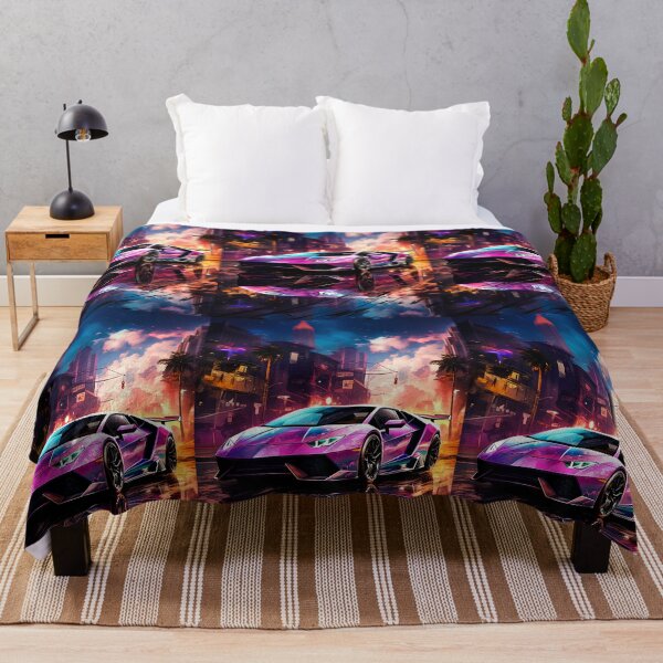 Item preview, Purple neon supercar cruising through rainy cyberpunk boulevard designed and sold by RevUpDesign.