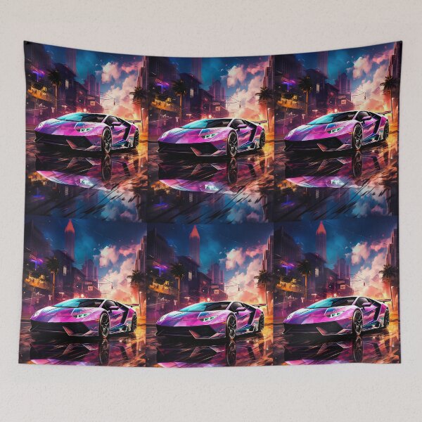 Item preview, Purple neon supercar cruising through rainy cyberpunk boulevard designed and sold by RevUpDesign.