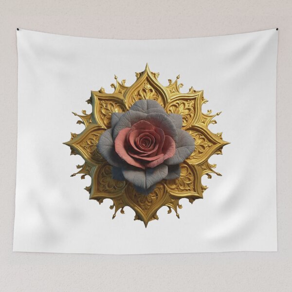 Item preview, A gothic red rose with gray petals, set against an ornate gold star-shaped frame. designed and sold by Anacond.
