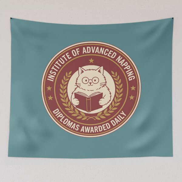 Item preview, "Institute of Advanced Napping" Funny Academic Scholar Cat Graphic Art designed and sold by InkWeaveShop.