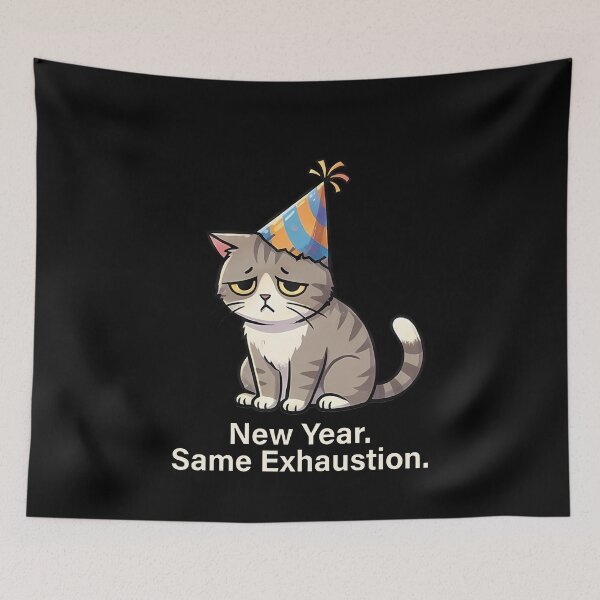 Item preview, New Year Same Exhaustion Sad Cat Party Humor designed and sold by k3rstman1.