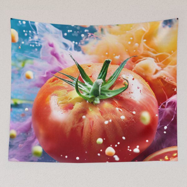 Item preview, Tomato in a burst of color on a dark background designed and sold by Mianku | Für das Leben.
