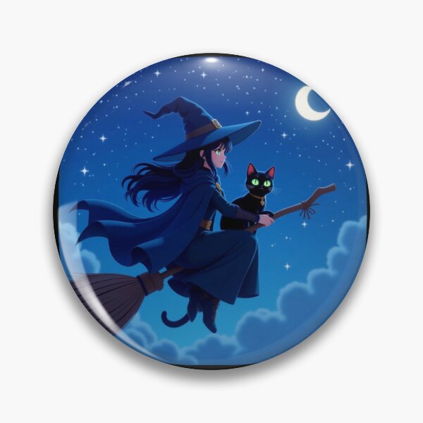 Item preview, Anime Style Witch Woman on Broom flying with cat designed and sold by Prestons Corner.