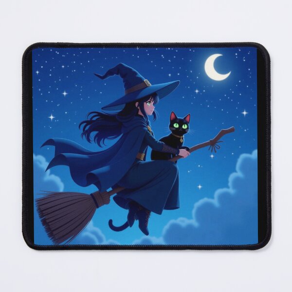 Item preview, Anime Style Witch Woman on Broom flying with cat designed and sold by Prestons Corner.