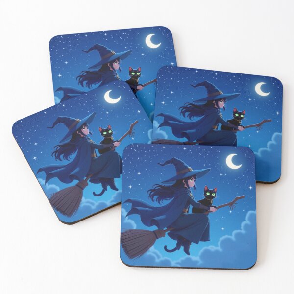 Item preview, Anime Style Witch Woman on Broom flying with cat designed and sold by Prestons Corner.