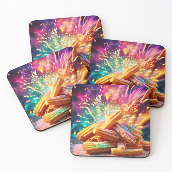 Item preview, Stacks of churros in front of festive fireworks designed and sold by Mianku | Für das Leben.