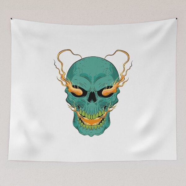 Item preview, Teal Flaming Skull with Fire Eyes Dark Fantasy Art designed and sold by Horrify.