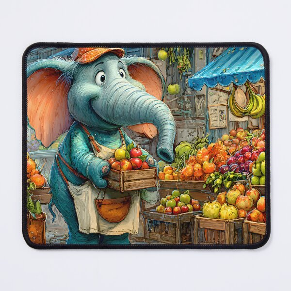 Item preview, Cheerful Elephant at a Colorful Fruit Market Scene designed and sold by Artessie.