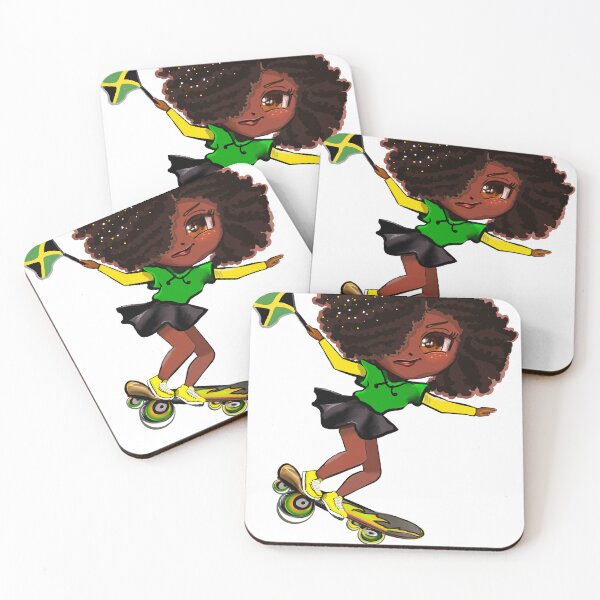 Item preview, Jamaican anime girl skateboarding with flag in colors black green and gold  designed and sold by Artonmytee.