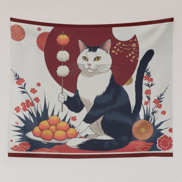 Item preview, Hanafuda Style Cat with Dango – Japanese Traditional Illustration designed and sold by LEO'S CREATURE　れおずくりーちゃー.