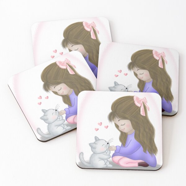 Item preview, Cute Girl Petting a Gray Cat – Sweet Love Illustration designed and sold by LiudmylaMaika.