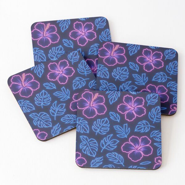 Item preview, Neon Hibiscus & Tropical Leaves Pattern – Pink and Blue Glow on Dark Background designed and sold by Sksticker991.
