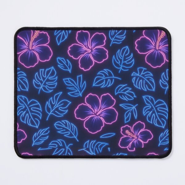 Item preview, Neon Hibiscus & Tropical Leaves Pattern – Pink and Blue Glow on Dark Background designed and sold by Sksticker991.