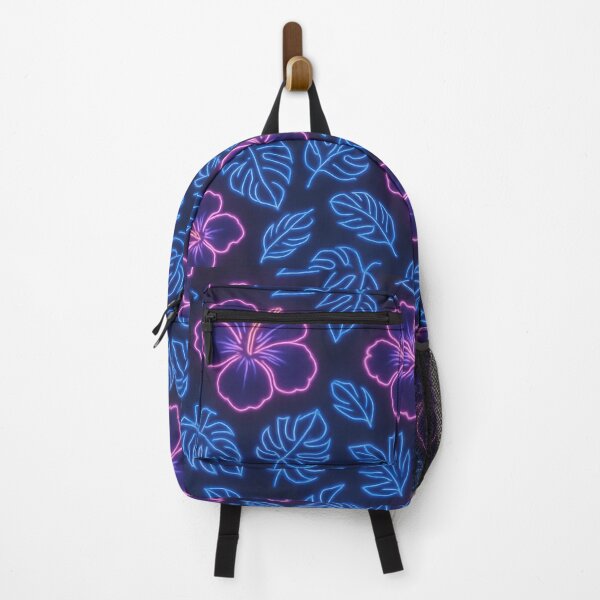 Item preview, Neon Hibiscus & Tropical Leaves Pattern – Pink and Blue Glow on Dark Background designed and sold by Sksticker991.