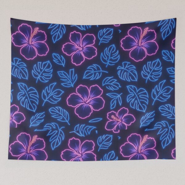 Item preview, Neon Hibiscus & Tropical Leaves Pattern – Pink and Blue Glow on Dark Background designed and sold by Sksticker991.