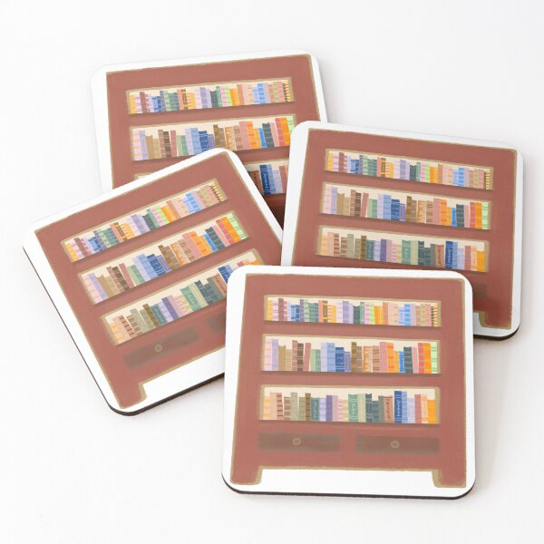 Item preview, Hand-painted illustration of a wooden bookshelf filled with colorful books designed and sold by salinsiree.