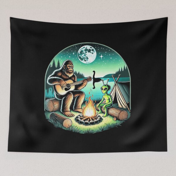 Item preview, Alien And Bigfoot Loch Ness Campfire Sasquatch Guitar designed and sold by bambiai.