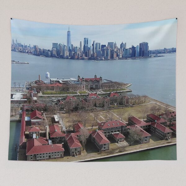 Item preview, Ellis Island with NYC skyline in background designed and sold by NYConlineStore.