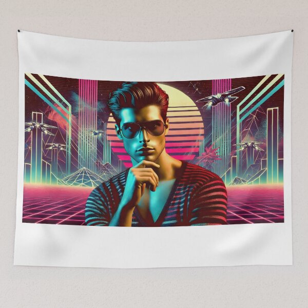 Item preview, Stylish Man with Futuristic Neon Cyberpunk Synthwave Skyline designed and sold by DreamWavePix.