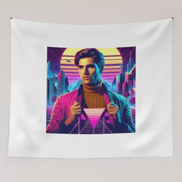 Item preview, Man in Vibrant Neon Synthwave Futuristic Cyberpunk Cityscape designed and sold by DreamWavePix.