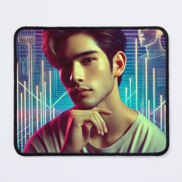 Item preview, Handsome Asian Man with Neon Synthwave Background designed and sold by DreamWavePix.