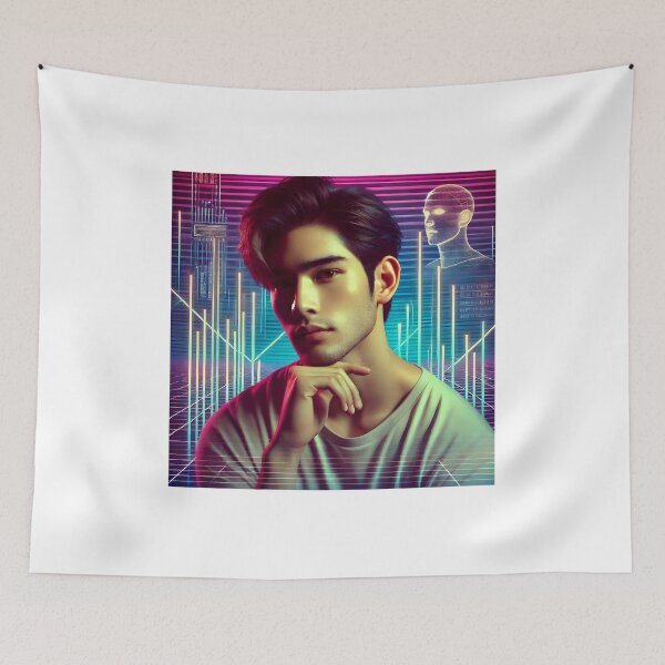 Item preview, Handsome Asian Man with Neon Synthwave Background designed and sold by DreamWavePix.
